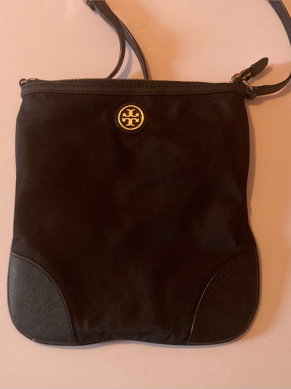 Tory Burch black Crossbody bag with leather trim,Gold hardware and Logo